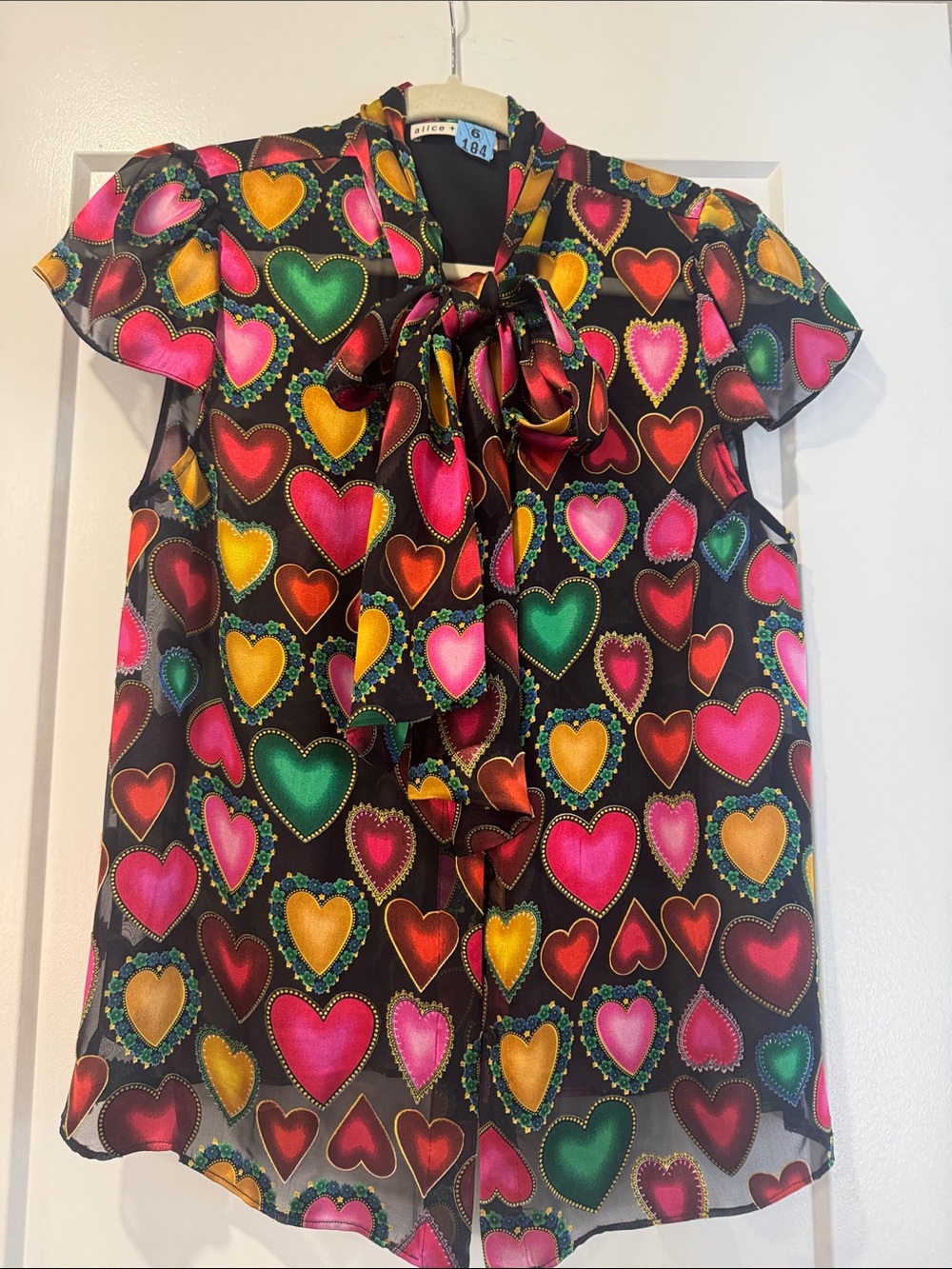 Alice + Olivia Black Satin Heart Print Tie-Neck Blouse